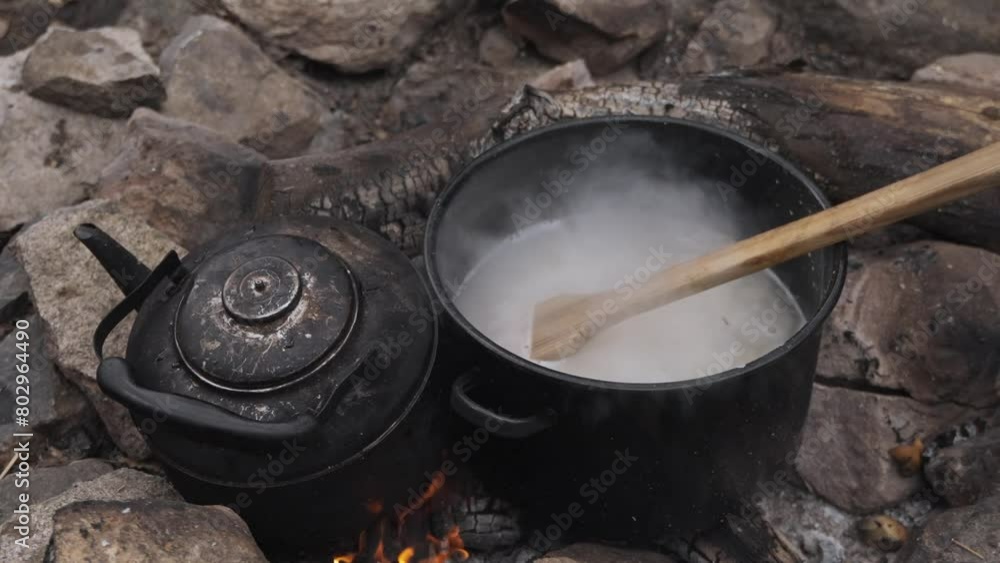 Outdoor cooking in survival conditions on a fire in a large pot Outdoor cooking in survival conditions on a fire in a large pot