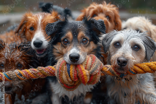 A rowdy pack of mixed-breed rescue dogs playing tug-of-war with an old sock.