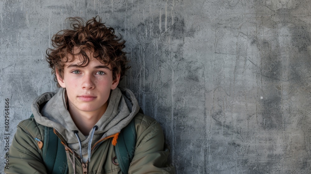 Young Man with Curly Hair Seated Against a Textured Concrete Wall. Generative ai Young Man with Curly Hair Seated Against a Textured Concrete Wall. Generative ai
