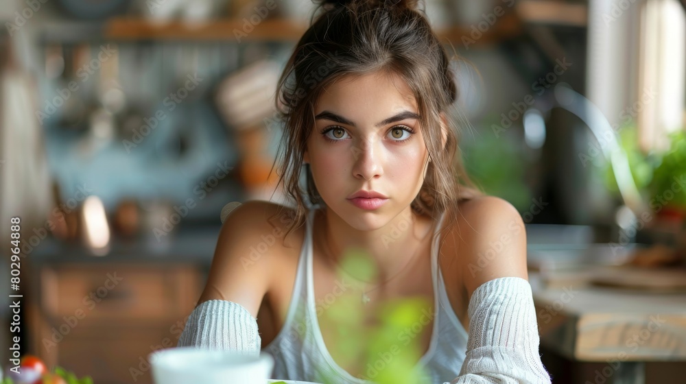 Fototapeta premium Serene Young Woman Enjoying Coffee in a Cozy Kitchen. Generative ai
