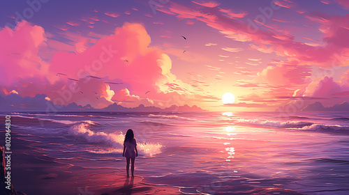 Girl gazes at ocean under vivid sunset sky 2D cartoon illustration. Evening solitude seascape lofi wallpaper background lo-fi art. Coastal sun reflection flat image cozy chill vibe photo