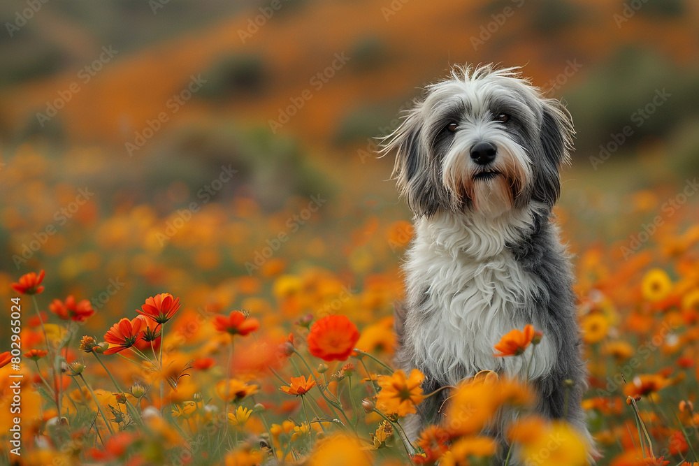 A shaggy Old English sheepdog standing alert in a field of wildflowers.