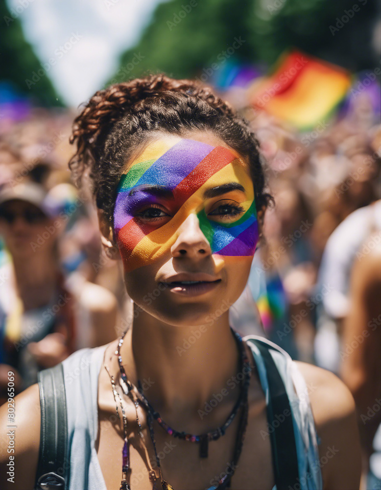 portrait of a women, Among the streets, hundreds of people march with LGBTQ flags in the pride paradise
portrait of a women, Among the streets, hundreds of people march with LGBTQ flags in the pride paradise