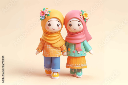 3d image illustration of two cheerful characters wearing colorful traditional clothes wearing hijabs, cream background and a few flowers