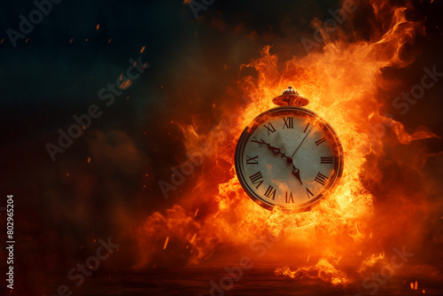 A clock on fire  clock on fire is isolated on a black color background. time is money concept.