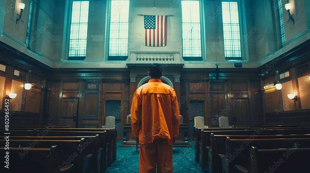 Solemn courtroom scene with a person in orange jumpsuit standing. Legal concept depiction, justice theme illustration. Modern cinematic style image, suitable for diverse media use. AI Solemn courtroom scene with a person in orange jumpsuit standing. Legal concept depiction, justice theme illustration. Modern cinematic style image, suitable for diverse media use. AI