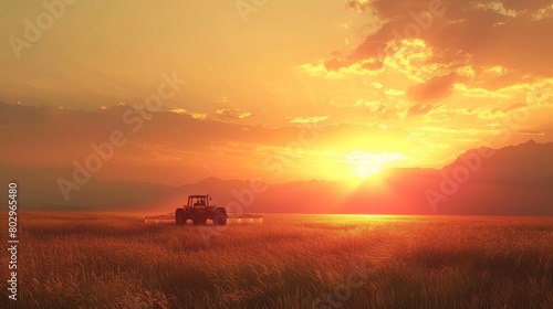 Tractor sprays crops in a field illuminated by a stunning sunset © alphaspirit