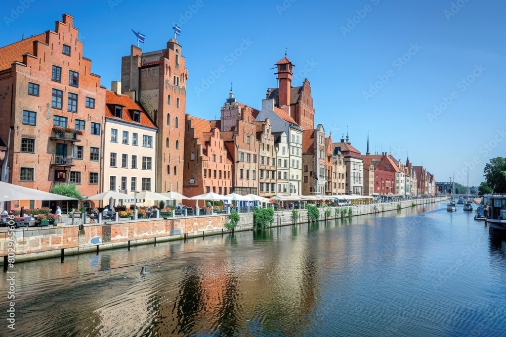 Fototapeta premium Cityscape with river flowing through tall buildings, suitable for urban concept designs