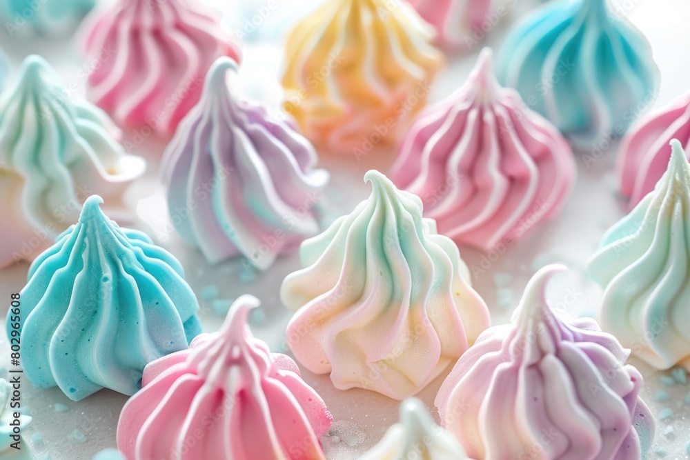 A white cake topped with colorful meringue, perfect for celebrations A white cake topped with colorful meringue, perfect for celebrations