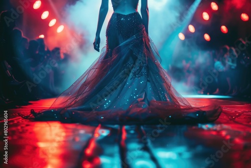 A woman in a long dress standing on a stage. Suitable for performance or event concepts photo