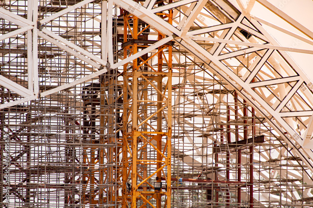 Steel structures for construction. Steel beams, steel frames, metal structures for supporting weight.