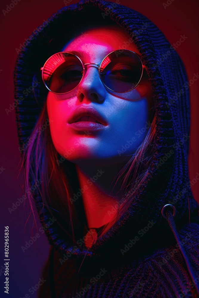 Stylish woman wearing sunglasses and a hoodie, perfect for fashion or urban lifestyle concepts