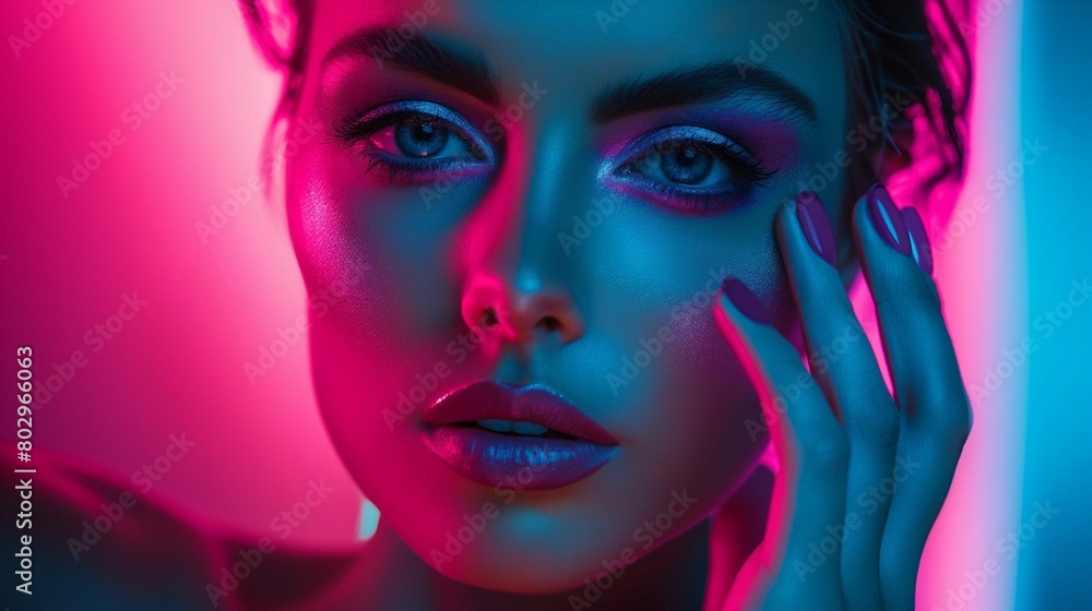 Close-up beauty portrait of a woman with neon makeup. Close-up beauty portrait of a woman with neon makeup.