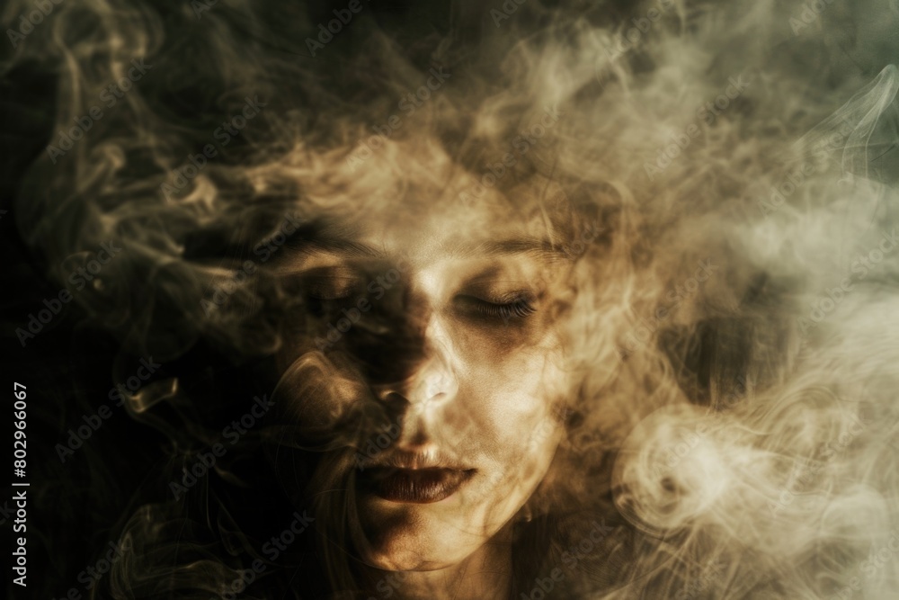 Close up of a person with smoke emitting from their face. Perfect for illustrating concepts of stress or health issues Close up of a person with smoke emitting from their face. Perfect for illustrating concepts of stress or health issues