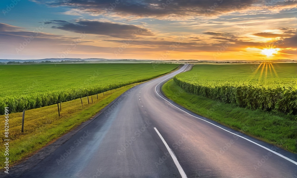 Wide road in the countryside at sunrise - symbolizes the path to a brighter future.