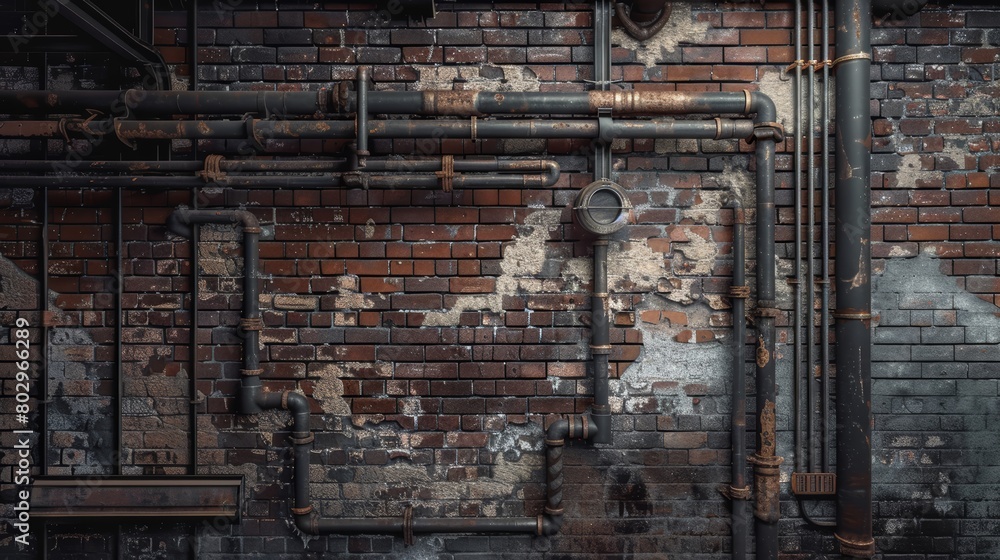 High-resolution image of an industrial style background featuring exposed brick walls and metal pipes, perfect for creating a rugged, urban aesthetic High-resolution image of an industrial style background featuring exposed brick walls and metal pipes, perfect for creating a rugged, urban aesthetic