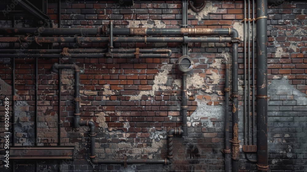 High-resolution image of an industrial style background featuring exposed brick walls and metal pipes, perfect for creating a rugged, urban aesthetic