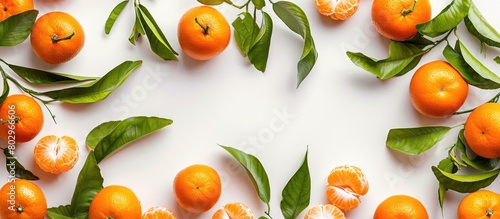 Ripe tangerines and leaves arranged on a white background form a frame.