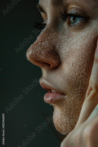 Close-up of a woman's face with powder, suitable for beauty and skincare concepts