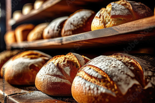 Delicious loaves of bread in a german baker shop. Different types of bread loaves on bakery shelves. 