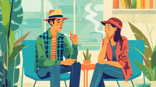A relaxed setting of a casual indoor meeting, showcasing a smoker and a non-smoker engaged in conversation with a focus on interpersonal dynamics.