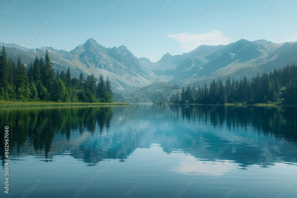 illustration of morning fog over a beautiful lake surrounded,surrounded by hills, trees and mountains.

