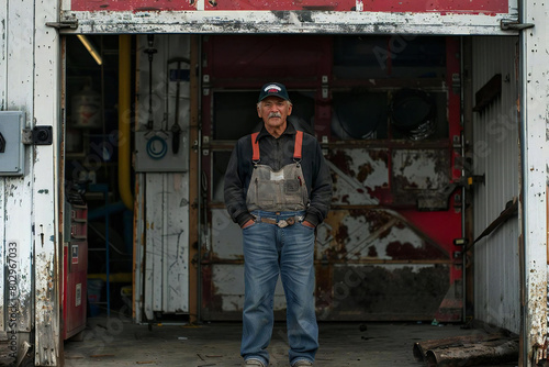Behind the Garage Door: A Portrait of an Auto Repair Shop Owner in Overalls at His Workshop © Vera