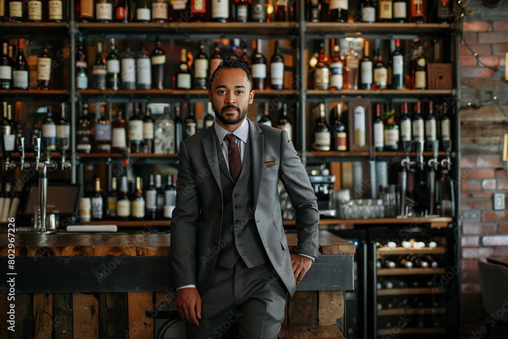 Wine Bar Owner: Sipping Success in Style - A portrait of a small business owner in a chic, wine-themed outfit, standing in their cozy wine bar. Wine Bar Owner: Sipping Success in Style - A portrait of a small business owner in a chic, wine-themed outfit, standing in their cozy wine bar.
