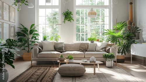 Cozy bohemian style living room with indoor plants and natural light