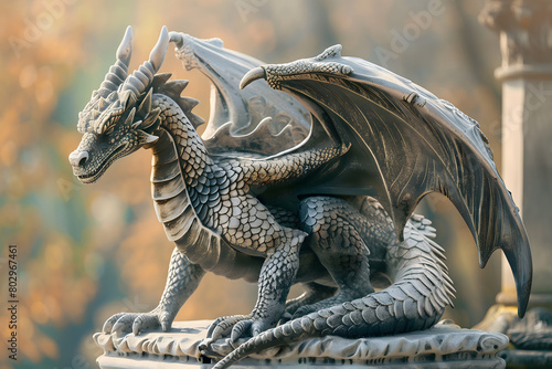 A magnificent dragon statue rising from its pedestal  its stone scales gleaming in the sunlight. With wings spread wide and claws extended  it exudes an aura of power and majesty