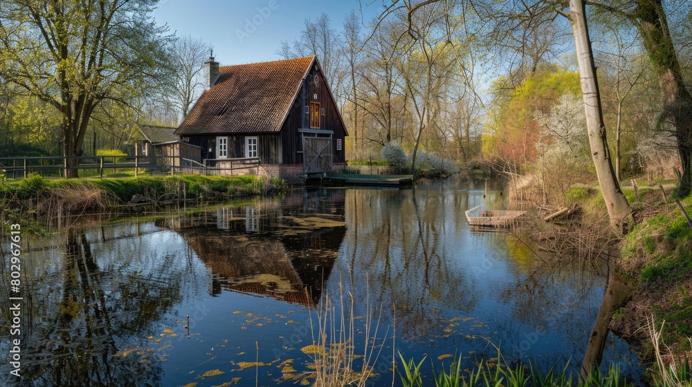 A serene image of a small house next to a peaceful body of water. Perfect for real estate or vacation concepts