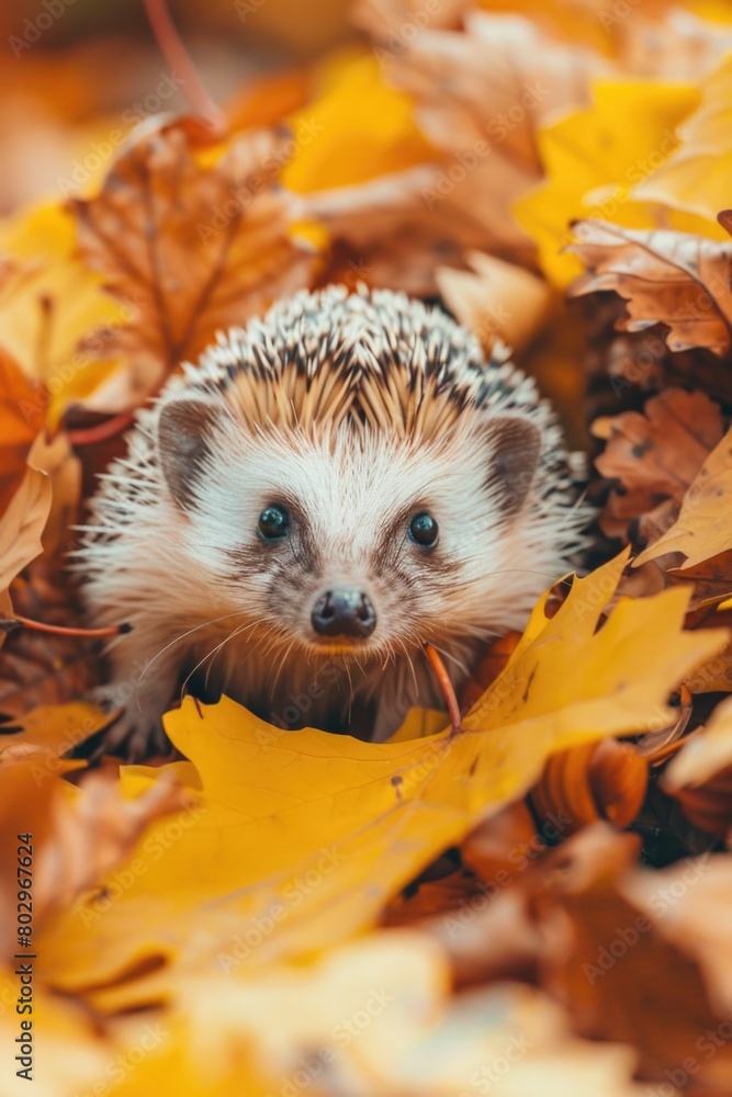 Small hedge sitting in a pile of leaves, suitable for autumn themes Small hedge sitting in a pile of leaves, suitable for autumn themes