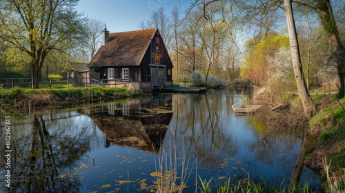 A serene image of a small house next to a peaceful body of water. Perfect for real estate or vacation concepts © Fotograf