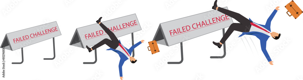 Failed challenge, poor performance, professional or business mistake, businessman challenged to hurdle and fell over Failed challenge, poor performance, professional or business mistake, businessman challenged to hurdle and fell over