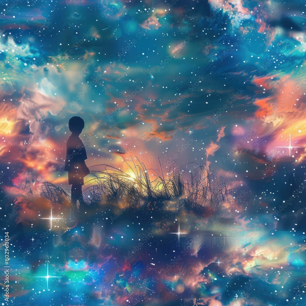 A person standing in a field under a sky full of stars. Suitable for nature and astronomy concepts