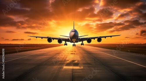 A large airplane flying over a runway into sunrise with sun shining Travel 