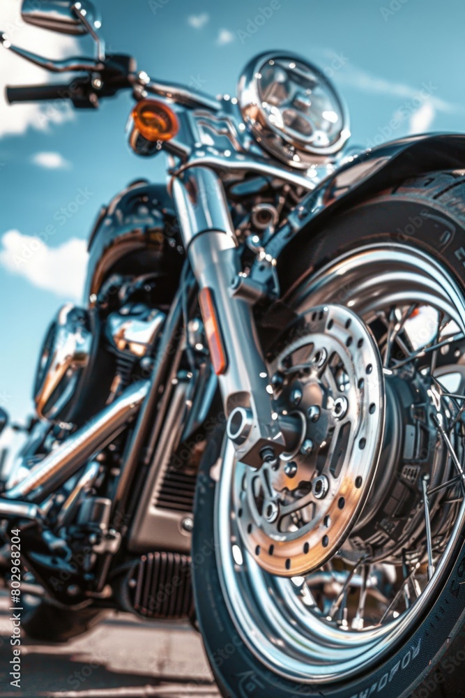 Detailed shot of a motorcycle tire on the road. Perfect for automotive industry promotions Detailed shot of a motorcycle tire on the road. Perfect for automotive industry promotions