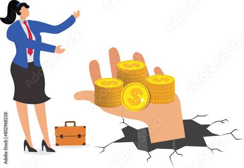 Poor businesswoman, homeless needy person, poor businesswoman, miserly boss or capitalist, boss holding a pile of gold coins in his hand gives his employee a gold coin