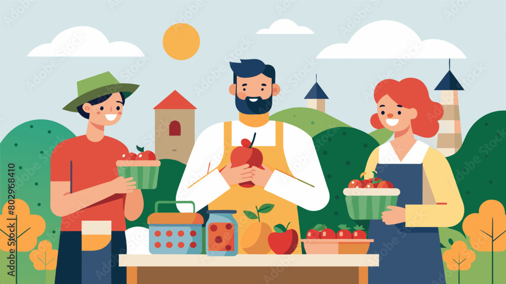 Local farmers offer fresh produce and homemade jams and jellies at their stall tempting taste buds with the sweet aroma of fruit.. Vector illustration Local farmers offer fresh produce and homemade jams and jellies at their stall tempting taste buds with the sweet aroma of fruit.. Vector illustration