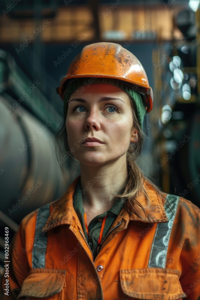 A woman wearing a hard hat at a factory. Suitable for industrial concepts A woman wearing a hard hat at a factory. Suitable for industrial concepts
