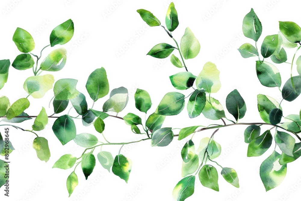 Fototapeta premium A watercolor painting of green leaves on a branch. Suitable for nature-themed designs