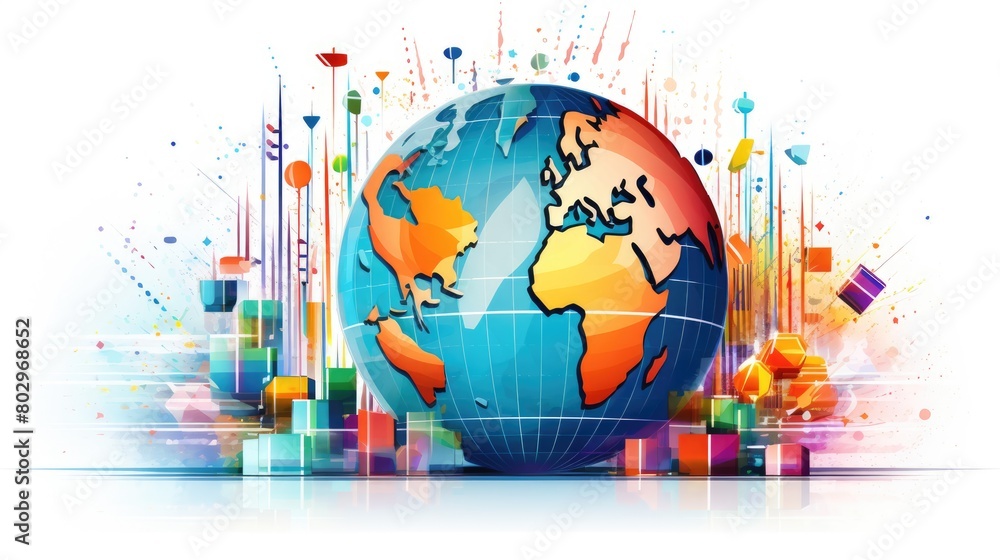 Naklejka premium Global market cartoon illustration - Generative AI. Globe, sphere, colorful, blocks.