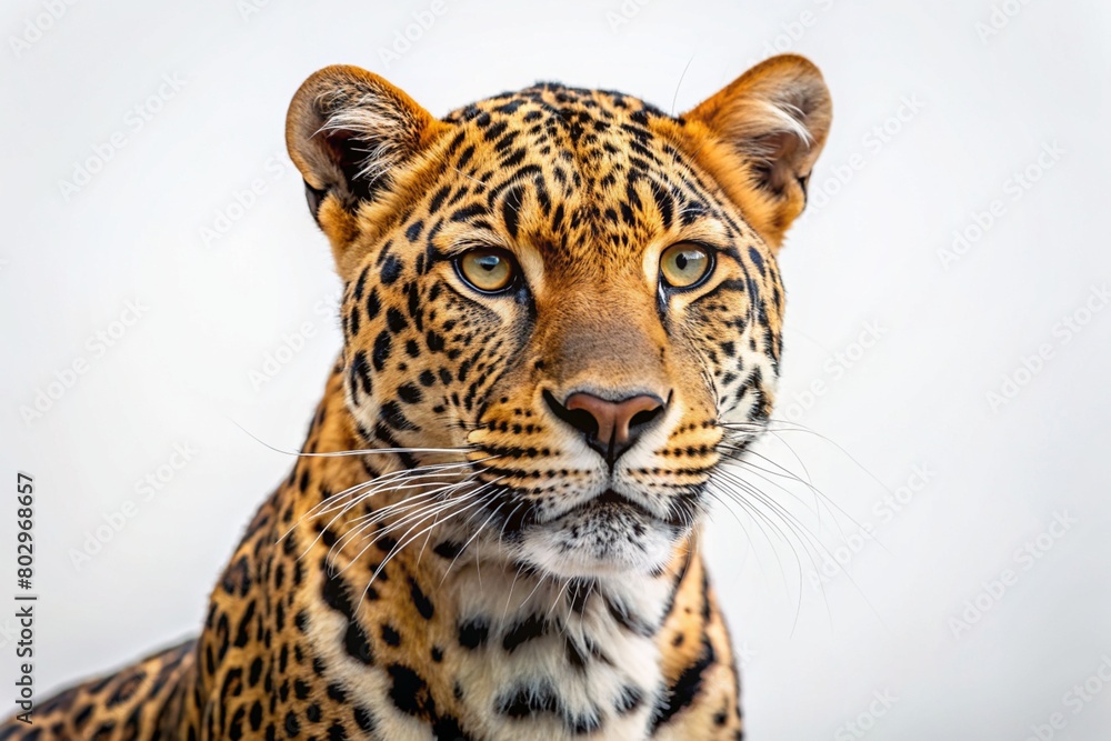 Fototapeta premium Portrait of leopard standing a looking away proudly, Panthera pardus, against white background