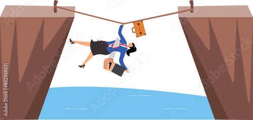 Backstabbing, betrayal and entrapment, dishonest or hidden crises and risks, isometric suspension in mid-air of a businesswoman being back stabbed by a hand with a knife behind his back