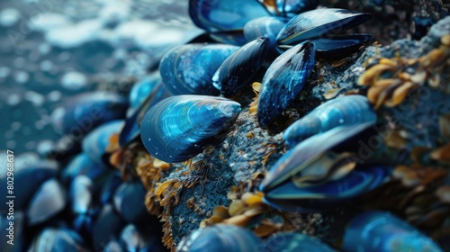 Blue mussels clustered on a rocky shore, suitable for seafood industry photo