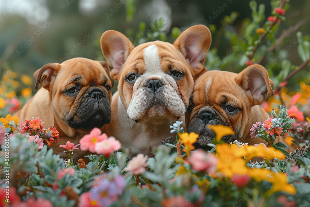 A trio of curious bulldog puppies investigating a colorful patch of flowers in a backyard garden, noses twitching with curiosity.