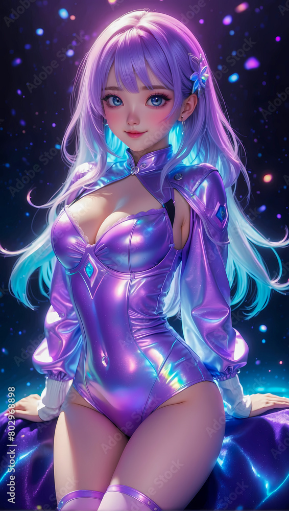 Portrait of Beautiful anime style woman smiling with a ultra violet vivid neon background