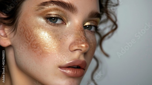 Close-Up of Chic Golden Makeup on a Model, Beauty and Fashion