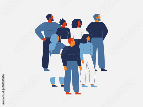 Different people standing together in the shape of a heart. The diverse group of Men and woman support each other for achieving common goals. Concept of unity, love, and solidarity.Vector illustration