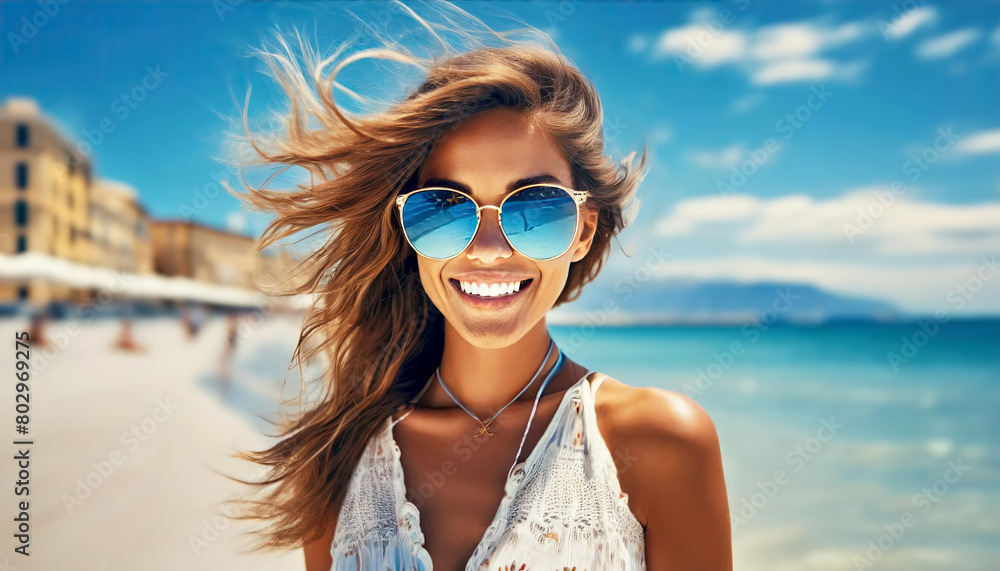 Young and beautiful female Caucasian fashion model wearing sunglasses, posing joyful along the beach.